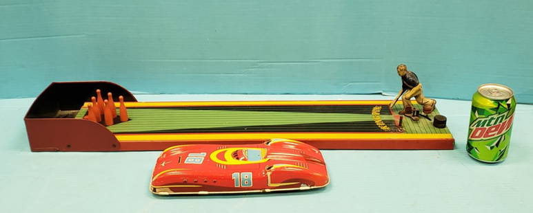 Baldwin King-Pin Bowling Game & Germany Friction Car: Lot of 2 including a tin litho bowling game with 6 wood pins and missing the metal ball and a West Germany tin litho friction car missing the driver. PLEASE READ & UNDERSTAND THE PAYMENT & SHIPPING TE