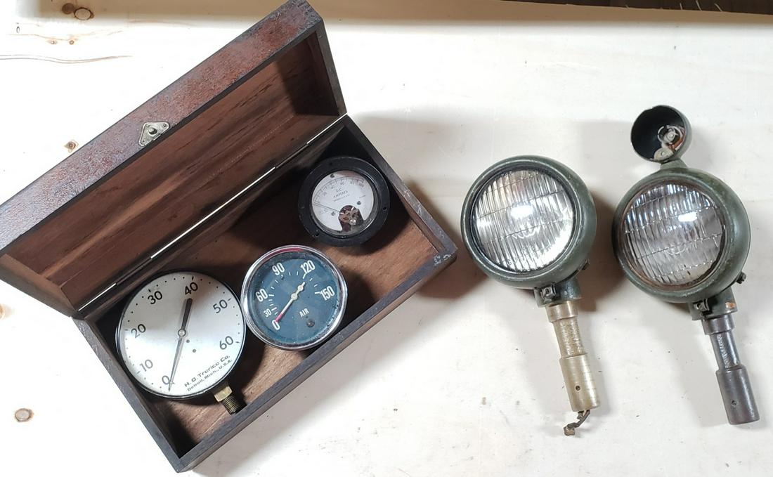 Amp/Air gauges w/ pair of early military driving lights (1 of 4)