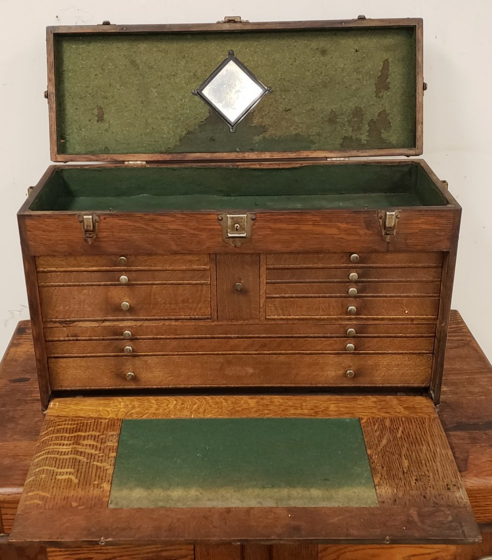 H. Gerstner & Sons 11 Drawer Machinist Tool Box Chest: 26" x 9.5" x 16" Oak tool box in original used condition with normal wear. PLEASE READ & UNDERSTAND THE PAYMENT & SHIPPING TERMS FOR THIS AUCTION PRIOR TO PLACING BIDS. ALL BIDDERS ARE BOUND TO THE TE