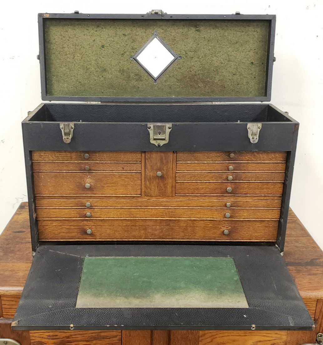 H. Gerstner & Sons 11 Drawer Machinist Tool Box Chest: 26" x 9.5" x 16"h Leather cover oak tool box in original use condition with normal wear. Overall very good. PLEASE READ & UNDERSTAND THE PAYMENT & SHIPPING TERMS FOR THIS AUCTION PRIOR TO PLACING BIDS