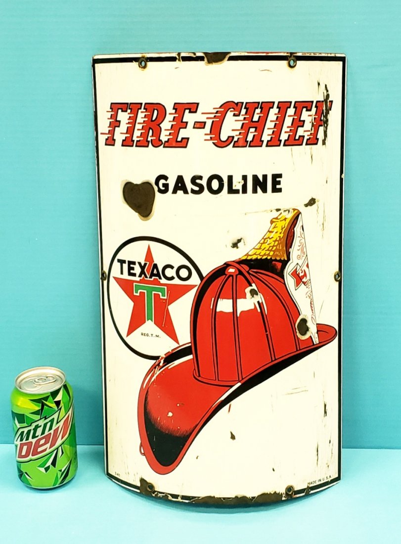 Texaco Fire Chief Curved Porcelain Gas Pump Plate: 10" x 18" porcelain pump plate with bright colors, scuffs, scratches, and porcelain chips. Dated 1940. PLEASE READ & UNDERSTAND THE PAYMENT & SHIPPING TERMS FOR THIS AUCTION PRIOR TO PLACING BIDS. ALL
