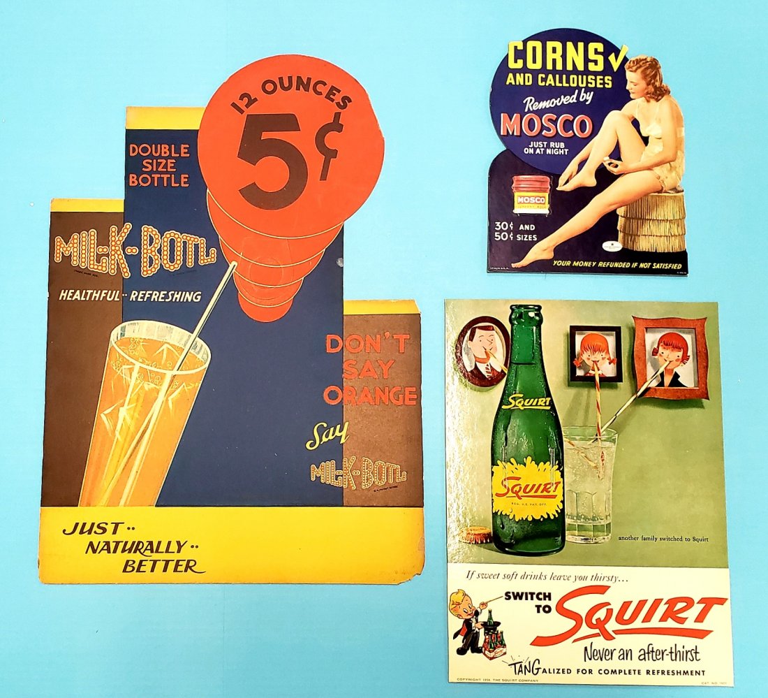 Cardboard Advertising Lot Squirt, MOSCO, Mil-k-Botl: Lot of 3 Cardboard advertisments including - 1939 Mosco 6.75" x 8.75", a 1956 Squirt 9.5" x 12.5" and a Mil-K-Botl unused bottle topper. All are in excellent condition with bright colors. ONLY ONE WAY