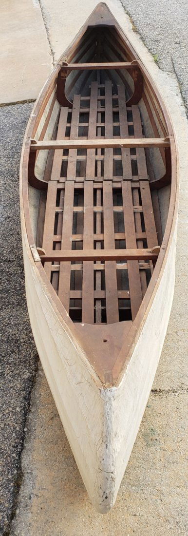 12ft Vintage Canvas Canoe w/ 2 wood slate backrest (1 of 8)