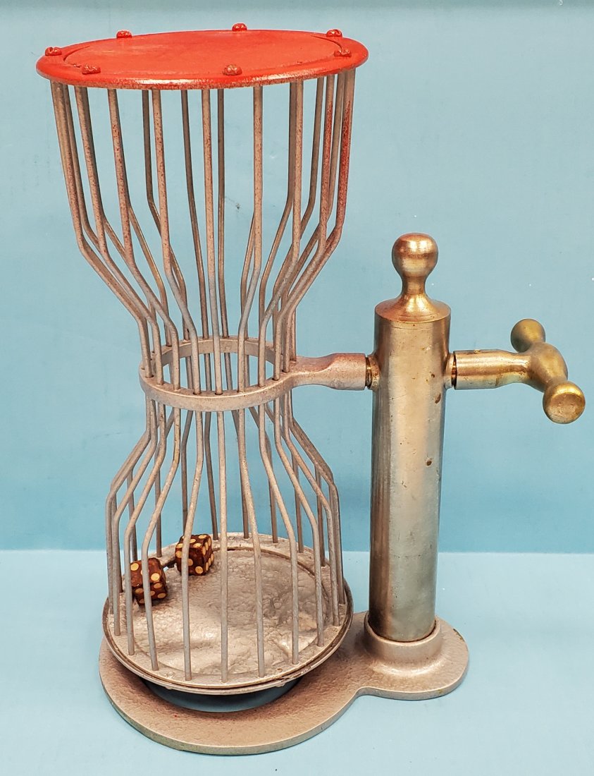 Small Chuck-A-Luck dice tumbler: 11" tall. Cage and base have been repainted. ONLY ONE WAY TO PAY FOR ONLINE ITEMS IN THIS AUCTION WHICH IS THROUGH LIVE AUCTIONEERS. THIS IS THE MOST SECURE METHOD OF PAYMENT. MAKE SURE YOUR LIVE AUCT