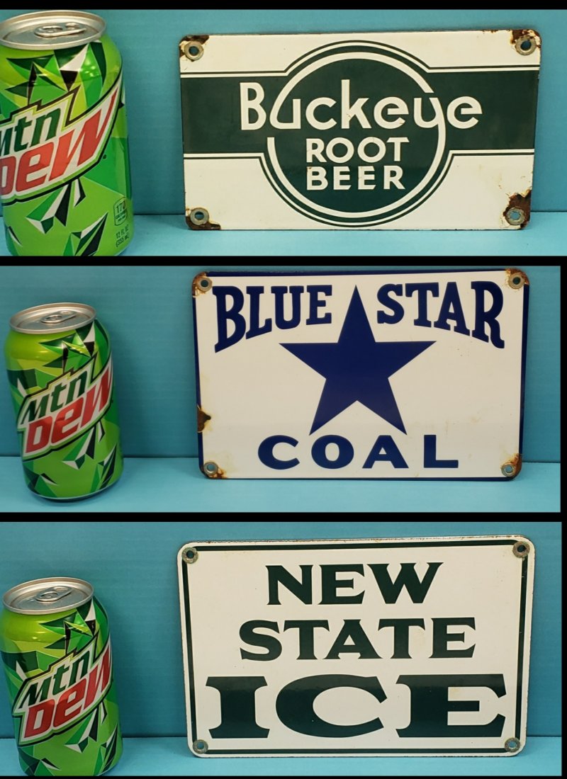 Lot of 3 porcelain signs - Buckeye Root Beer, Blue Star (1 of 3)