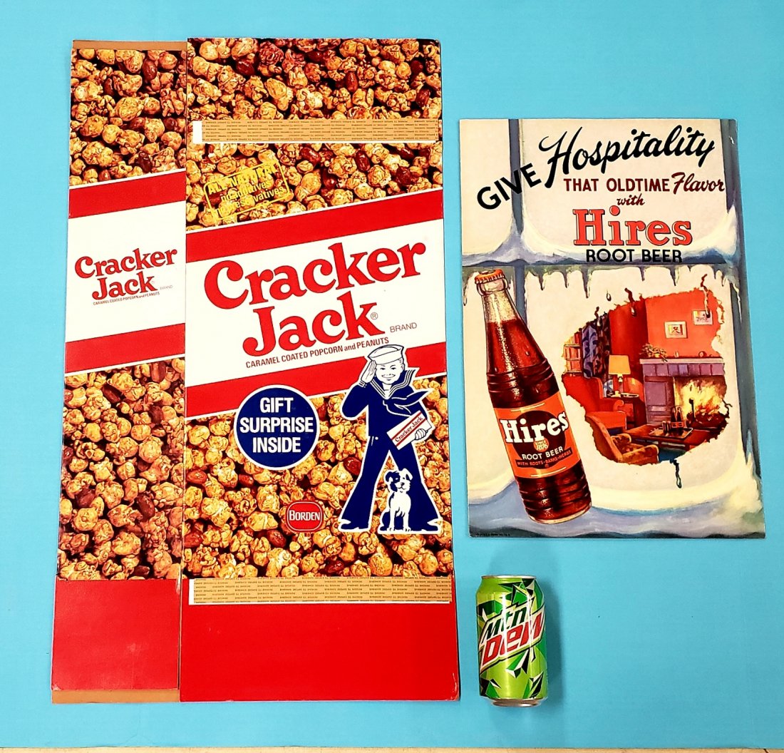 Lot of 2 NOS Cardboard Signs, Hires & Cracker Jack: 2 new old stock cardboard advertising including a 12" x 18" cardboard easel back store counter sign for Hires Root Beer "Give Hospitality" with fireplace graphics, bright colors and high gloss. Also i