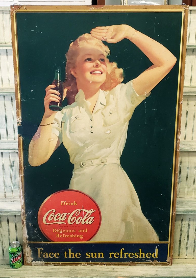 1941 Coca Cola Cardboard Sign "Face the sun Refreshed" (1 of 6)