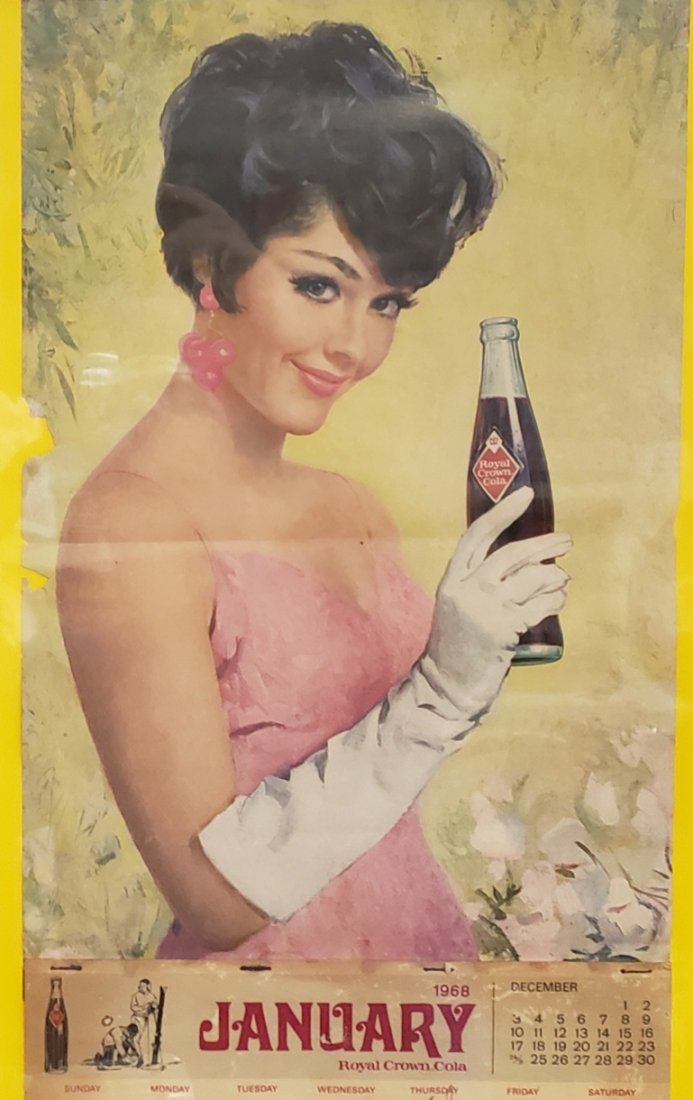 1968 Pin-up Girl Royal Crown Cola Calender: 19" x 25" Original framed calendar with bright colors, a fold, small pieces missing on the edge and stains on the calendar part. PLEASE NOTE, THERE IS ONLY ONE WAY TO PAY FOR ONLINE ITEMS IN THIS AUCT