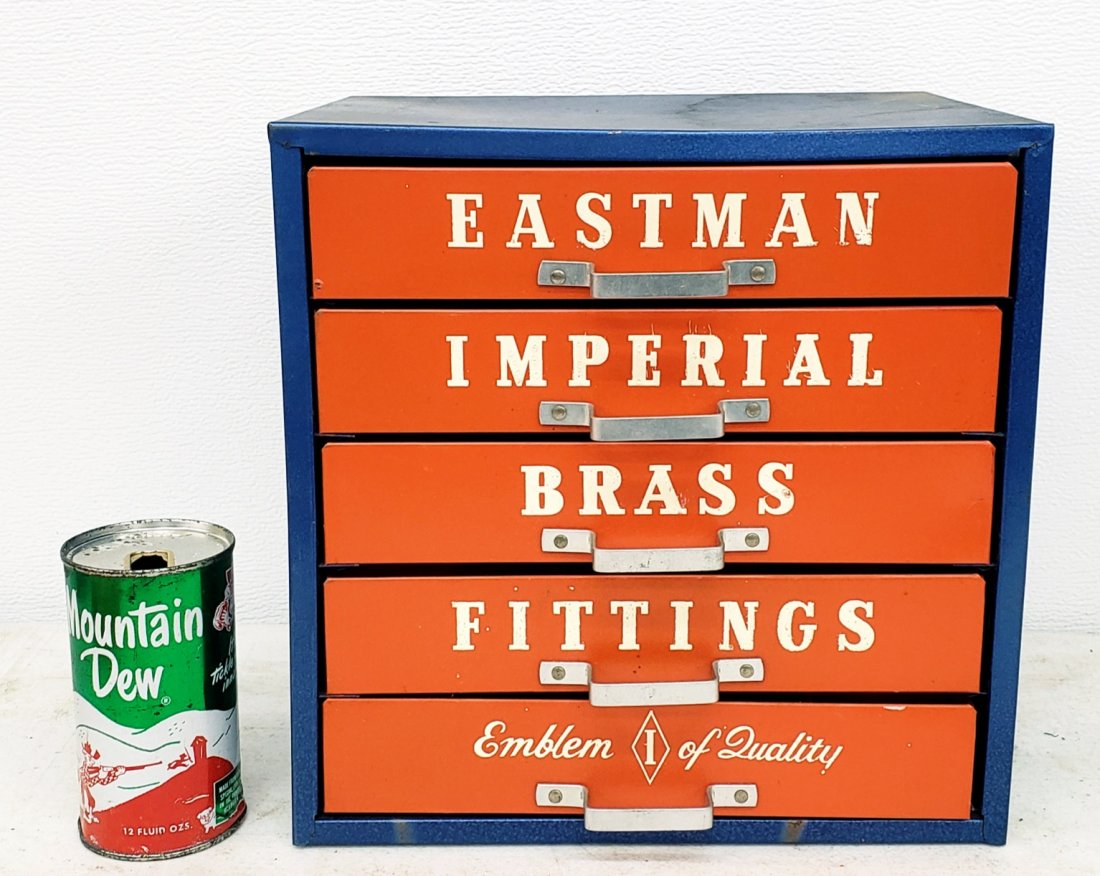 Eastman Imperial Brass Fittings Parts Cabinet: 11.5" x 9" x 11.5" Five drawer automotive parts cabinet in excellent condition with bright colors and minor scuffs. PLEASE NOTE, THERE IS ONLY ONE WAY TO PAY FOR ONLINE ITEMS IN THIS AUCTION WHICH IS