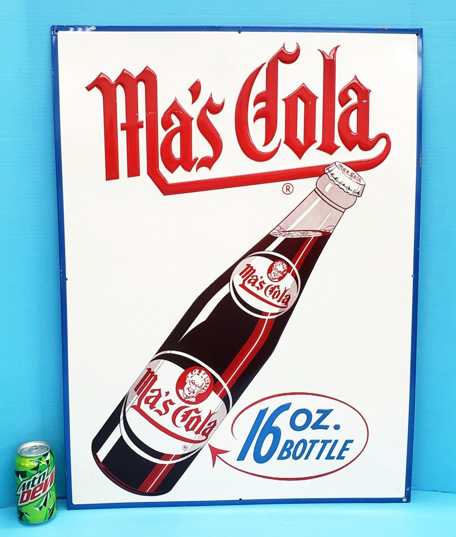 Ma's Cola Tin Embossed Sign: 23.5" x 31.5" tin sign in excellent condition with bright colors, high gloss and minor scuffs and scratches. PLEASE NOTE, THERE IS ONLY ONE WAY TO PAY FOR ONLINE ITEMS IN THIS AUCTION WHICH IS THROUGH