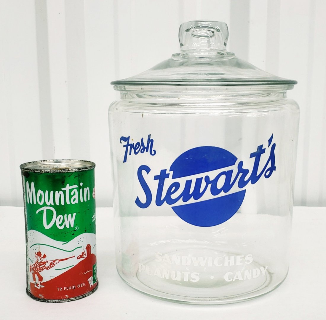 Fresh Stewart's Peanuts and Candy Jar: 10" glass jar with glass lid. Great graphics. Jar has a few very small chips on inner rim. Scratches on the bottom with normal wear. PLEASE NOTE, THERE IS ONLY ONE WAY TO PAY FOR ONLINE ITEMS IN THIS 