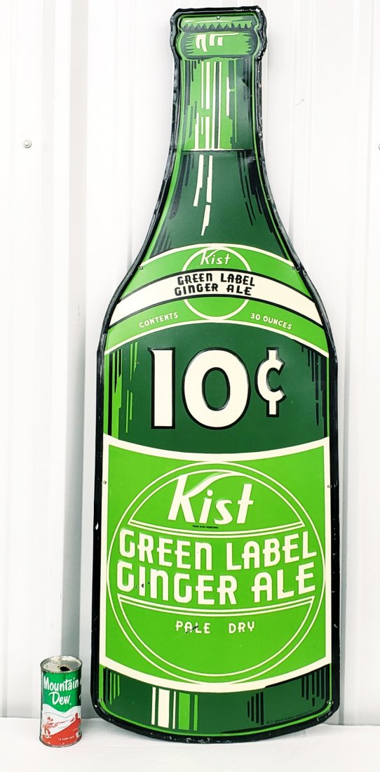 Rare Large Kist Die Cut Bottle Sign Green Label: 16" x 48" Tin embossed bottle sign with bright colors, minor scuffs, and paint flakes. PLEASE NOTE, THERE IS ONLY ONE WAY TO PAY FOR ONLINE ITEMS IN THIS AUCTION WHICH IS THROUGH LIVE AUCTIONEERS. THI