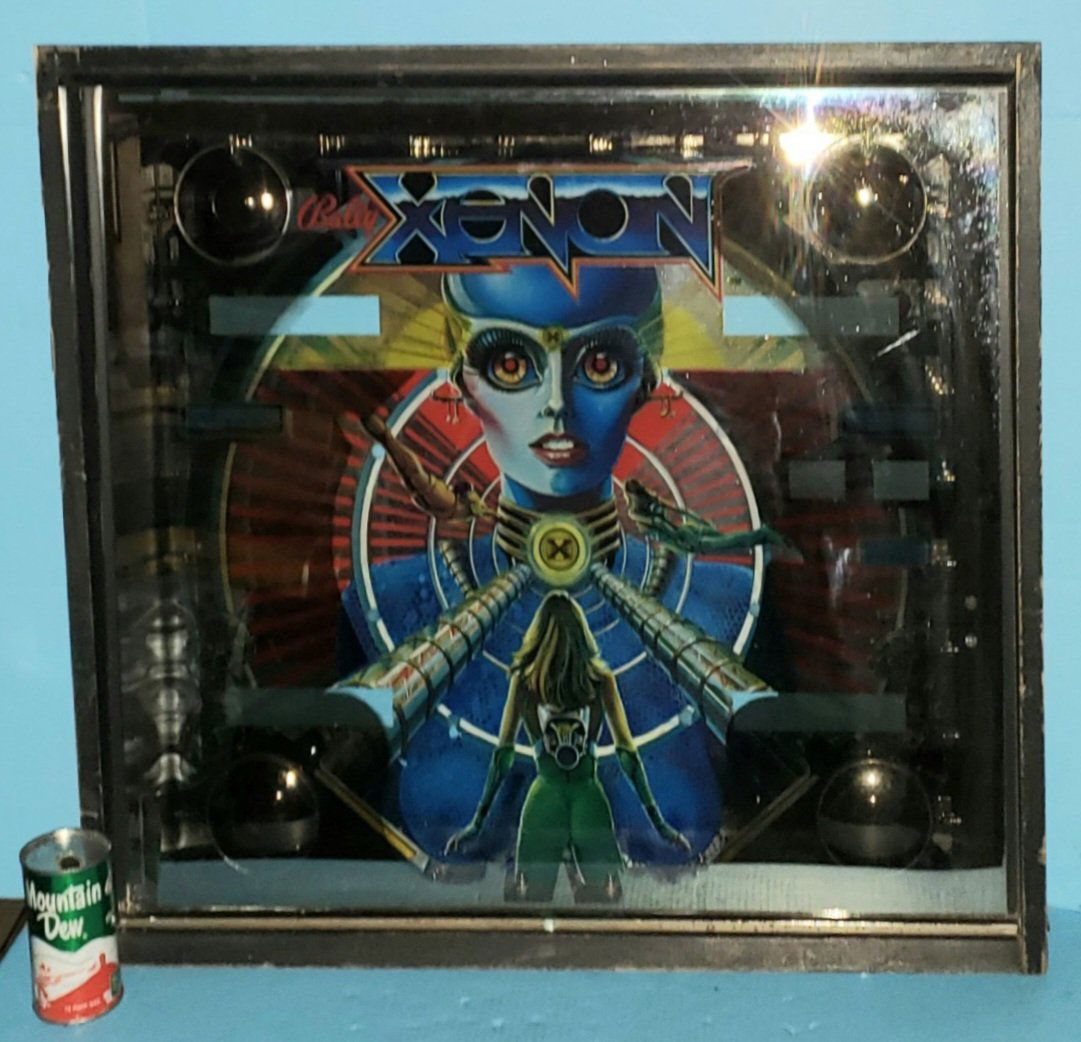Xenon pinball machine backglass in wood cabinet (1 of 4)
