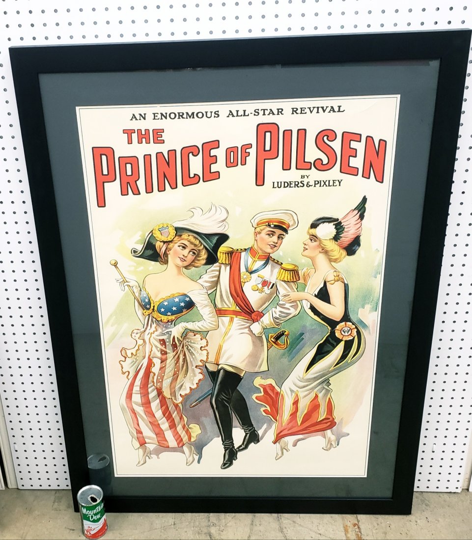 1902-07 The Prince of Pilsen Framed Poster: 35" x 48" Original poster professionally framed from the 1902-07 play. There is a manufacture flaw in the right corner and a small tear at the top, otherwise excellent condition.