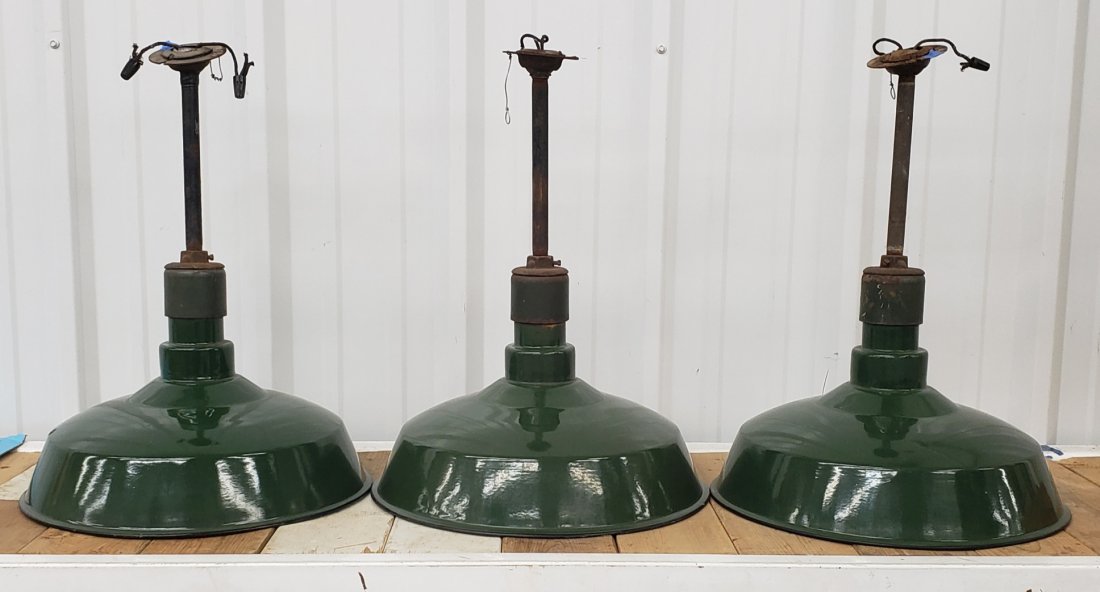 3 Green Porcelain Service Station Light Shade Fixtures (1 of 3)