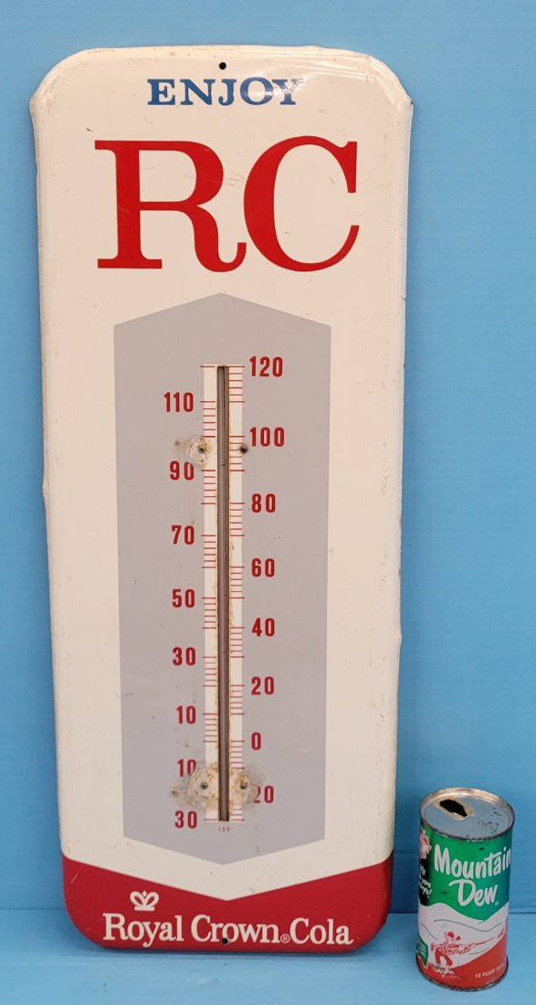 Enjoy RC Royal Crown Cola Thermometer: 10" x 25.5" Working tin thermometer with bright colors, high gloss, minor scuffs and scratches, and minor surface rust. PLEASE NOTE, THERE IS ONLY ONE WAY TO PAY FOR ONLIN E ITEMS IN THIS AUCTION WHIC