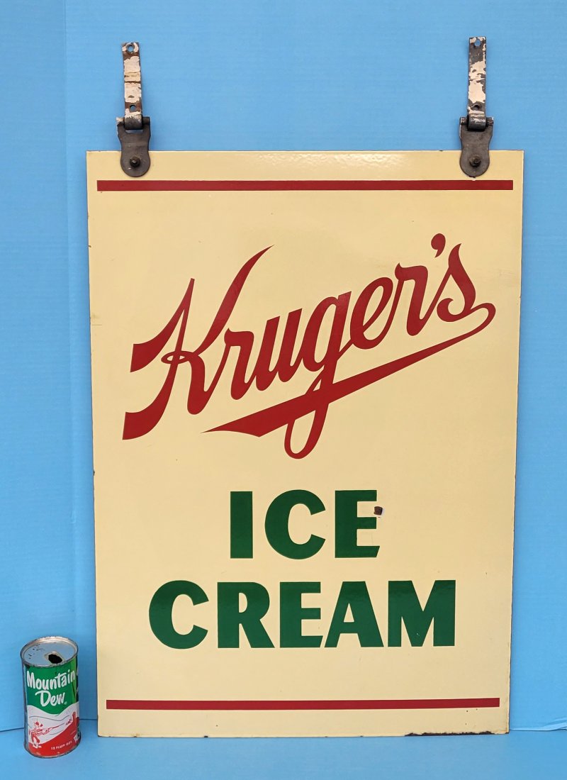 Kruger's Ice Cream Porcelain Sign: 20" x 28" Kruger's DSP Ice Cream Sign with bright colors, high gloss, and a small chip in the field on each side. Has original hanging tabs. PLEASE NOTE, THERE IS ONLY ONE WAY TO PAY FOR ONLINE ITEMS