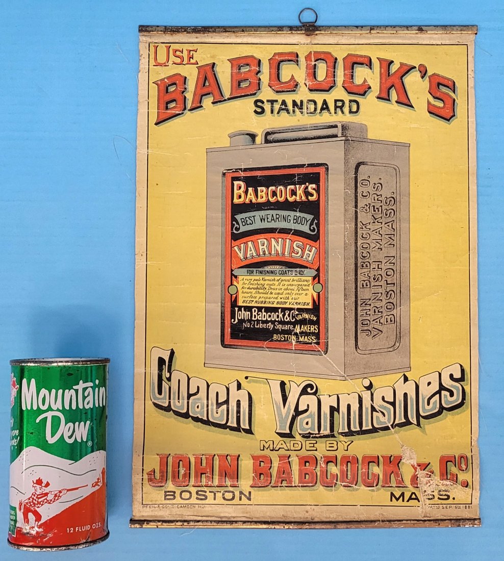 Babcock's Coach Varnishes Advertisement: 9.75" x 14.5" Printed canvas advertising "Use Babcock's Standard Coach Varnishses Made By John Babcock & Co. Patnd Sep.6th 1881". Bright colors, creases, and some color loss. Canvas has metal hanger,
