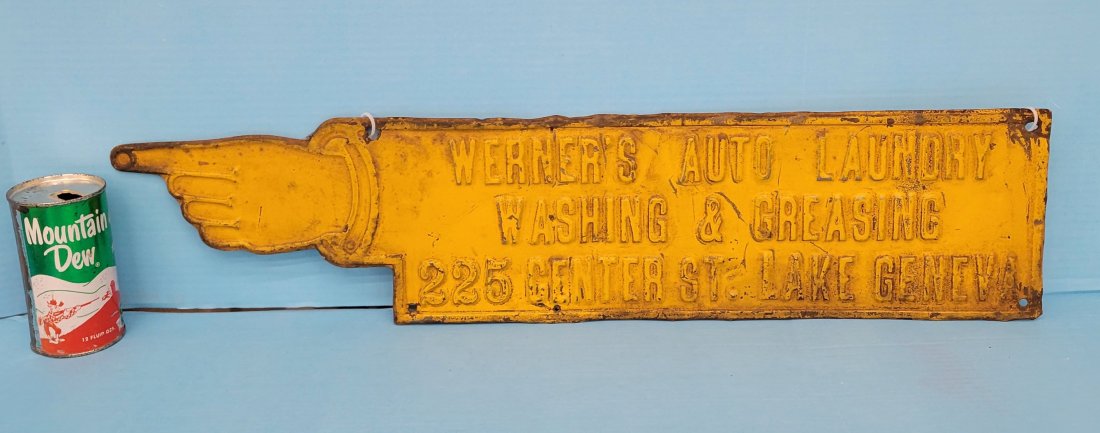 Embossed Pointer Directional Sign for Werner's Auto Laundry Washing & Greasing (1 of 2)