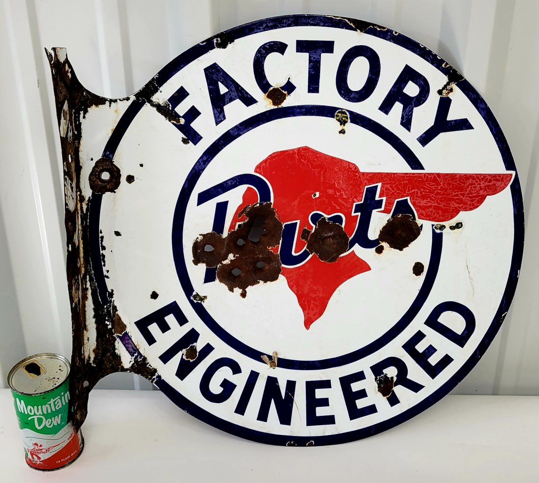 Pontiac Factory Engineered Parts: 20.5" x 20" Porcelain flange sign with brght colors, scuffs, scratches, bullet holes, and porcelain loss. PLEASE NOTE, THERE IS ONLY ONE WAY TO PAY FOR ONLINE ITEMS IN THIS AUCTION WHICH IS THROUGH LI