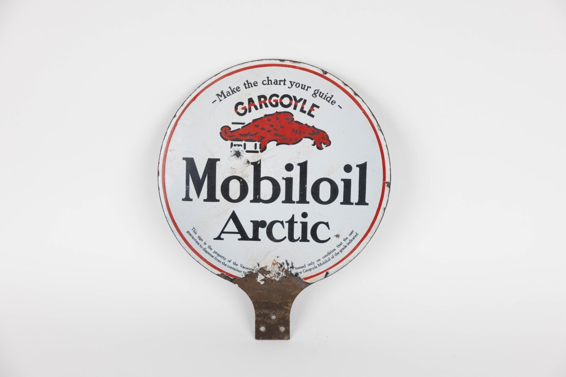 Mobiloil Arctic Paddle sign DSP: 8.75" x 10.75" Double sided porcelain sign with bright colors, minor stains, crackle in the field, and porcelain loss on the edge and base. PLEASE NOTE, THERE IS ONLY ONE WAY TO PAY FOR ONLINE ITEMS I