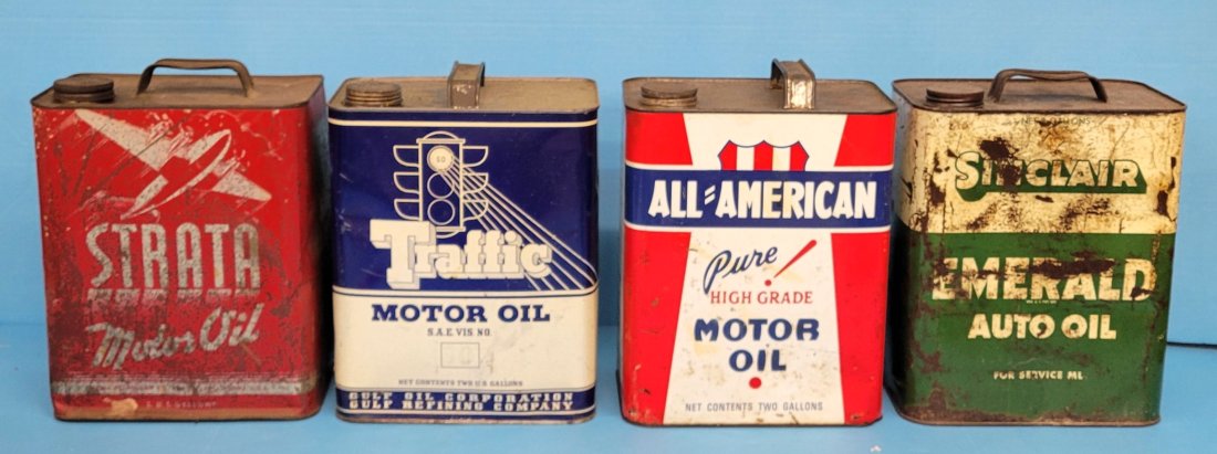 Lot of 4 two gallon motor oil cans - Strata, Traffic, Sinclair, All American (1 of 4)
