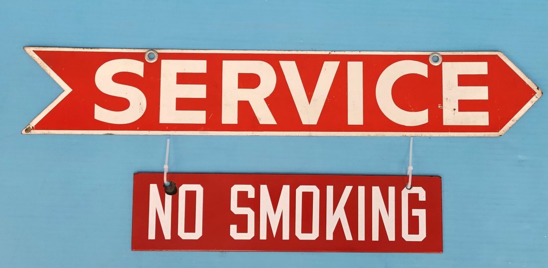 Porcelain No Smoking sign and metal Service Arrow sign (1 of 2)