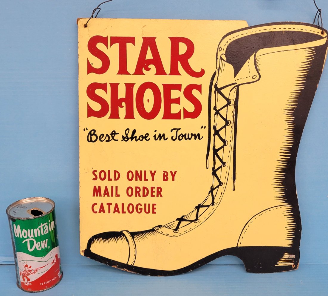 Star Shoes masonite sign: 14" x 15" Masoinite sign with bright colors, 4 small mounting holes in the corner and minor scuffs. PLEASE NOTE, THERE IS ONLY ONE WAY TO PAY FOR ONLINE ITEMS IN THIS AUCTION WHICH IS THROUGH LIVE AUC