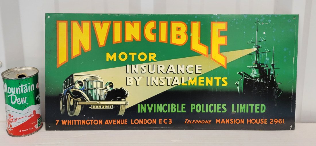 Invincible Motor Insurance Single Sided Tin Sign: 20" x 9.5" SST with great bright graphics showing a ship and car. Sign has some light spotting on the right side, and minor scuffs. *PLEASE NOTE, THERE IS ONLY ONE WAY TO PAY FOR ONLINE ITEMS IN THIS 