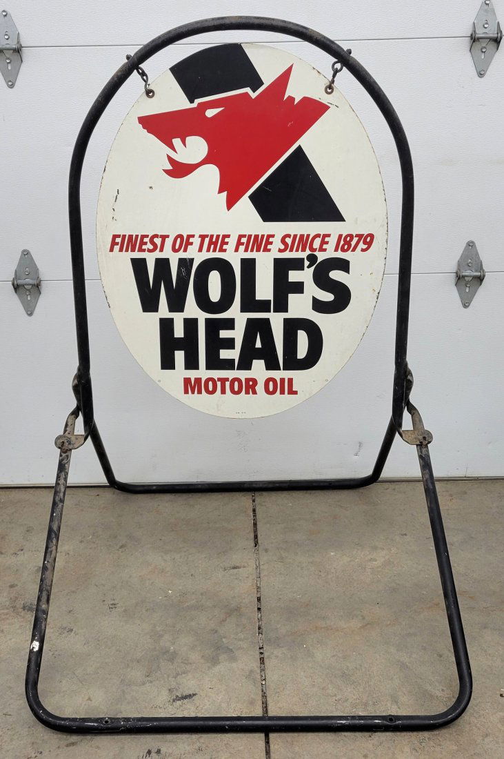Wolf's Head Motor Oil Double Sided Metal Curb Sign (1 of 5)