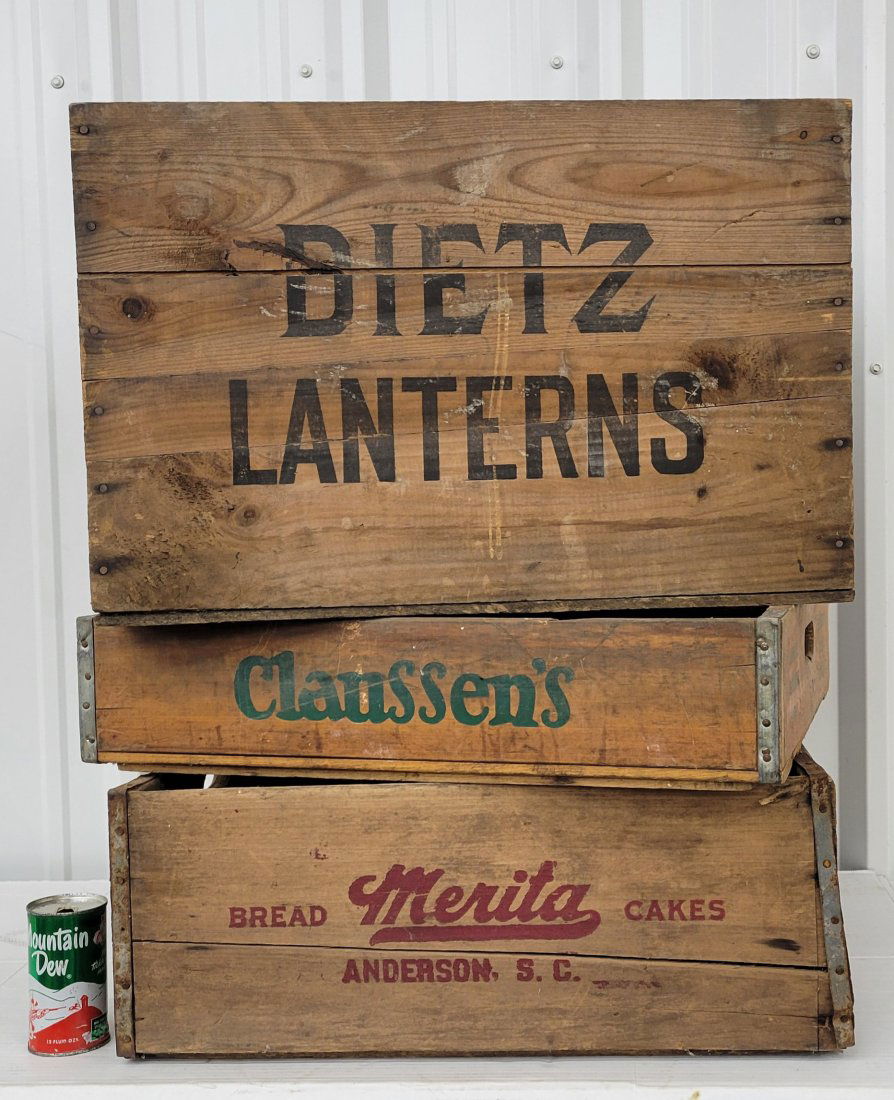 3 Advertising wood box crates: Dietz Lanterns, Claussen's & Merita Bread (1 of 10)