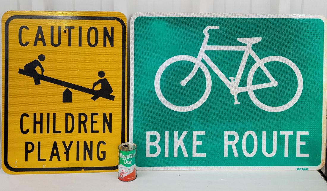 Caution Children Playing & Bike Route signs: Lot of 2 aluminum signs including a 30" x 24" Bike Route & 18" x 24" Caution Children Playing sign. Both sign have scuffs, and minor stains. *PLEASE NOTE, THERE IS ONLY ONE WAY TO PAY FOR ONLINE ITEMS