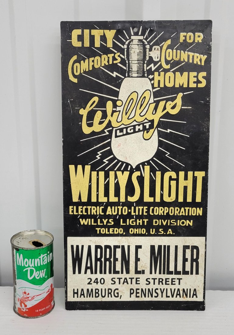 Willys Light sign: 9" x 18" Metal sign with minor scuffs, scratches, and stains. *PLEASE NOTE, THERE IS ONLY ONE WAY TO PAY FOR ONLINE ITEMS IN THIS AUCTION WHICH IS THROUGH LIVE AUCTIONEERS. IS THE MOST SECURE METHOD O