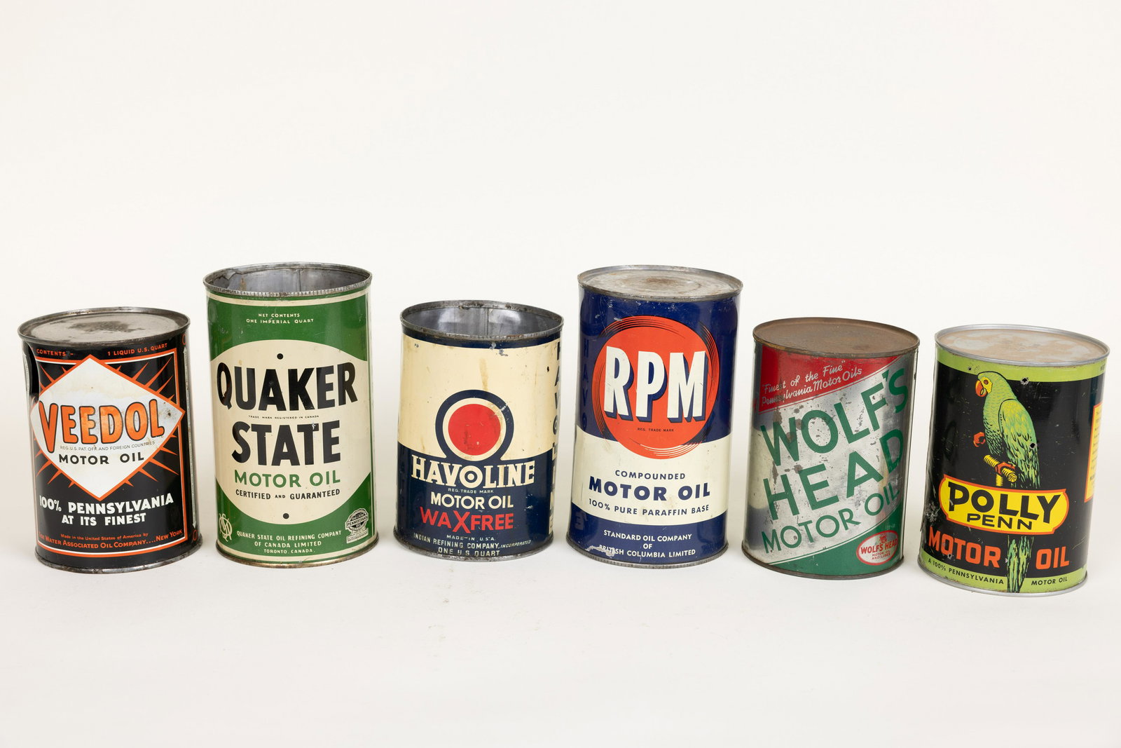 Lot of 6 Polly RPM Veedol Indian etc 1 Quart Oil Cans (1 of 2)