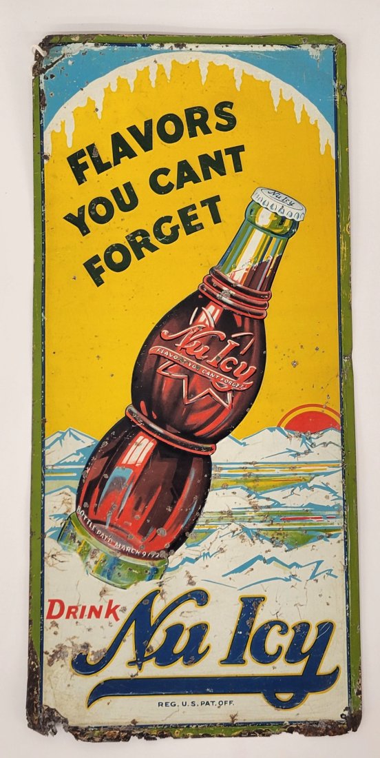 Drink Nu Icy "Flavors You Cant Forget" Metal Sign: DST sign has good color and shine, has wear, dings, rust and metal loss at bottom edge, 19.5"x9", rated 6.25. TAC #041867 *PLEASE NOTE, THERE IS ONLY ONE WAY TO PAY FOR ONLINE ITEMS IN THIS AUCTION WH