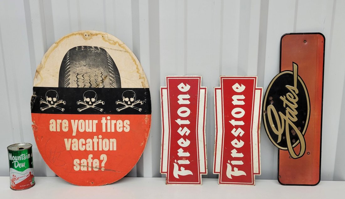 Automotive advertising lot: Firestone signs, Gates, and cardboard (1 of 3)