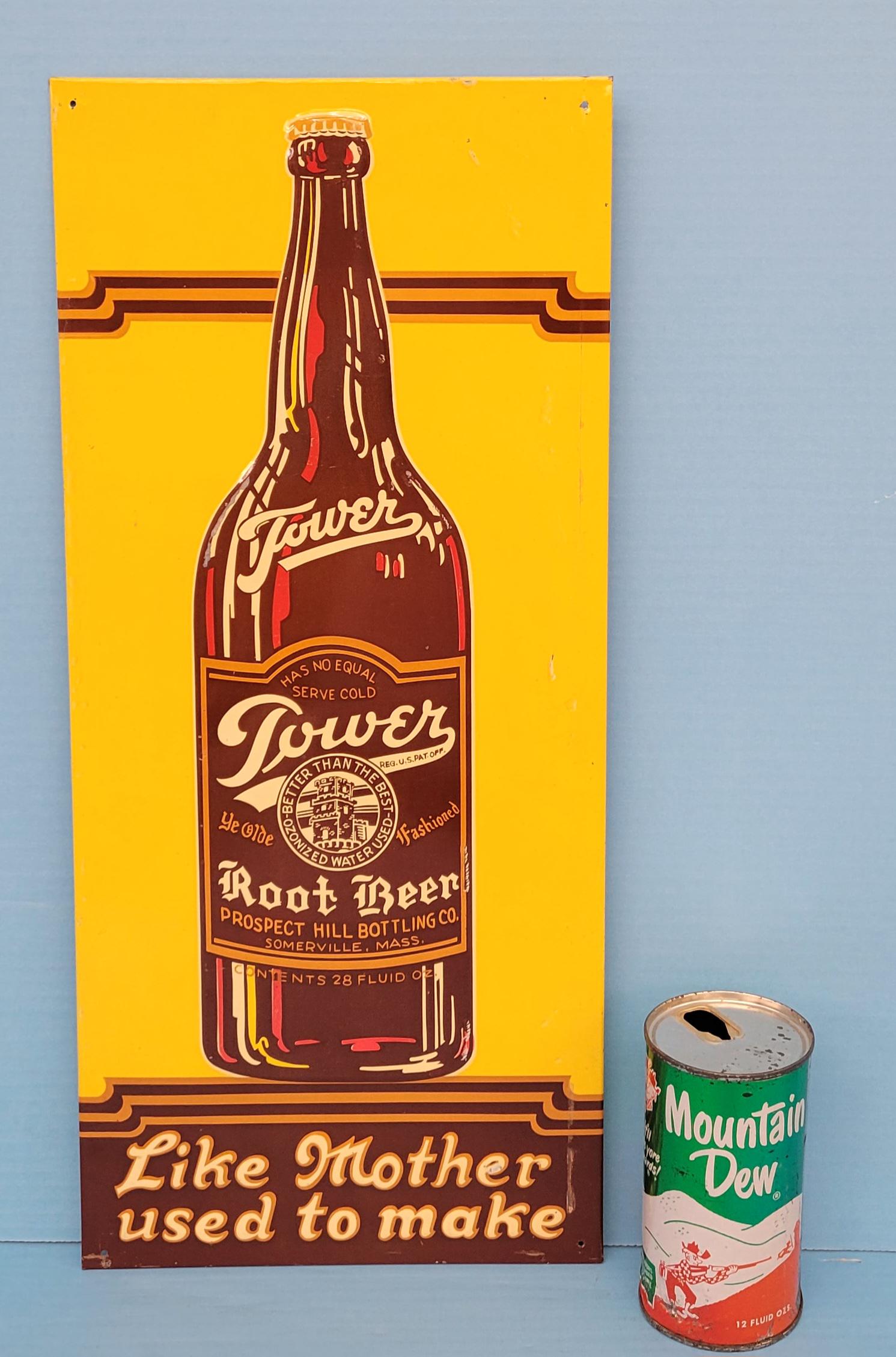 Tower Root Beer Embossed Metal Sign: Embossed tin sign with bright colors, good gloss, slight bend on right side, light scuffs and scratches in the field. 8.75" x 19.5". PLEASE NOTE, THERE IS ONLY ONE WAY TO PAY FOR ONLINE ITEMS IN THIS 