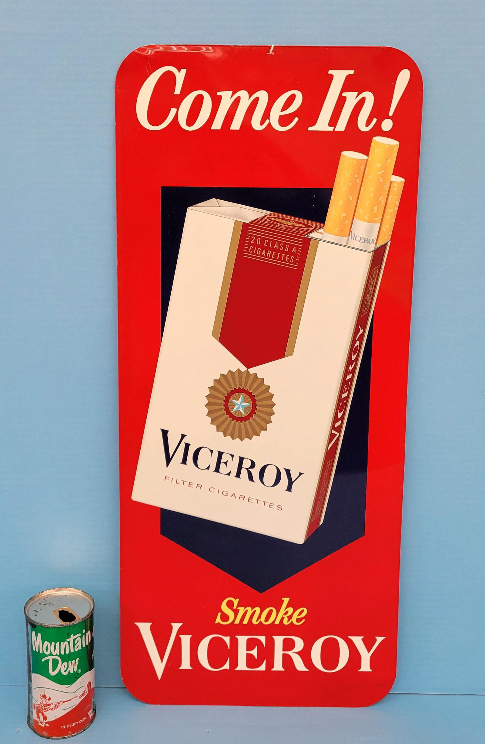 Come In Smoke Viceroy Tin Sign: Tin sign with bright colors, high gloss, a few small bumps in the field, light scuffs, shallow bend on the right corner. 11" x 25.5". PLEASE NOTE, THERE IS ONLY ONE WAY TO PAY FOR ONLINE ITEMS IN THIS
