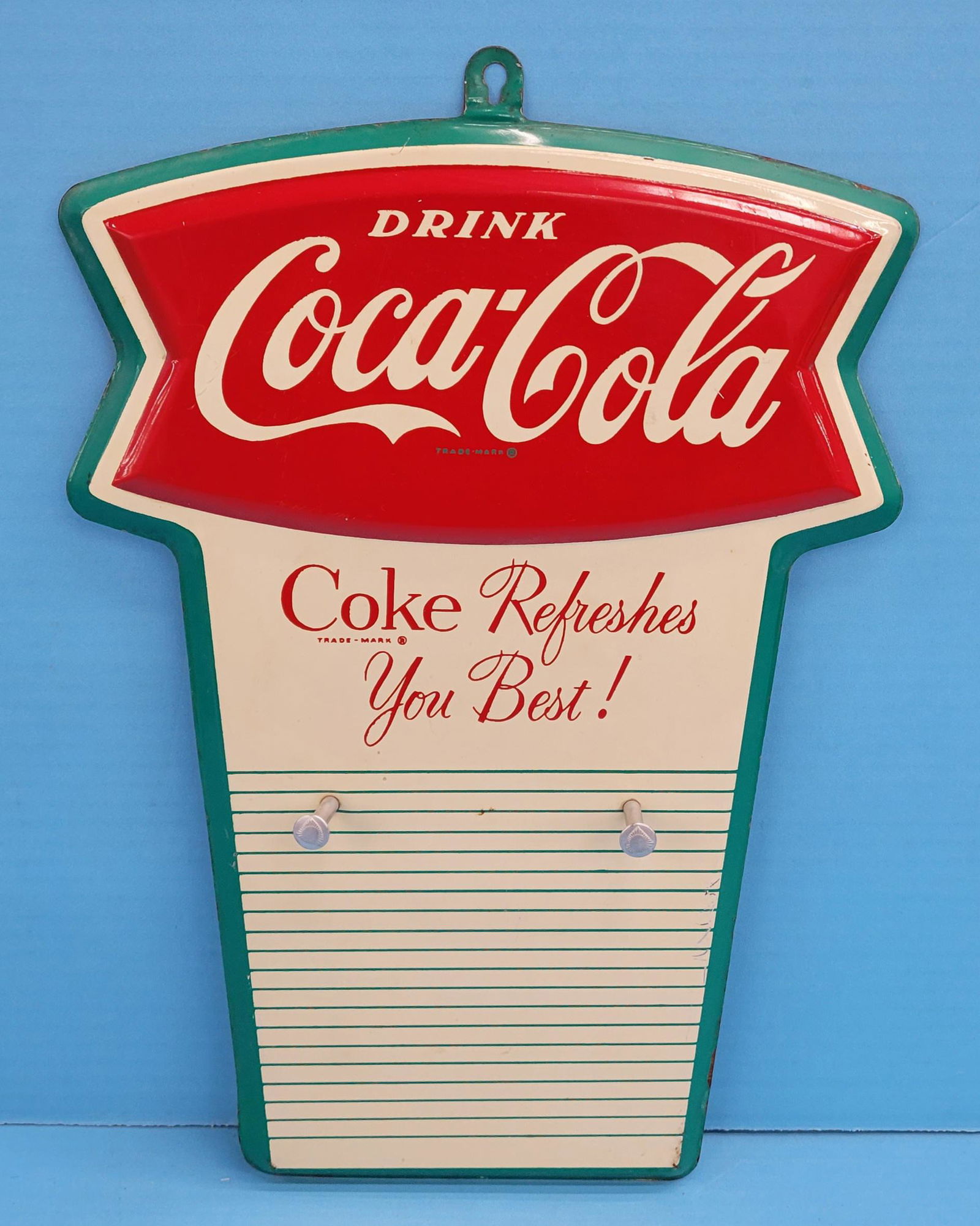 Drink Coca Cola Metal Die Cut Fish Tail Calendar Holder Sign (1 of 2)