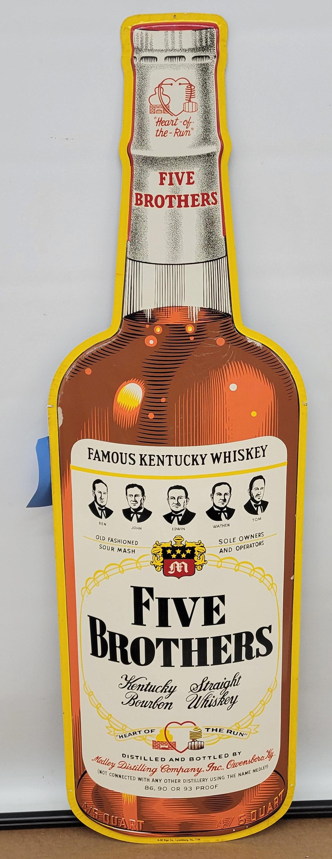 Five Brothers Kentucky Whiskey Die Cut Bottle Sign NOS (1 of 4)