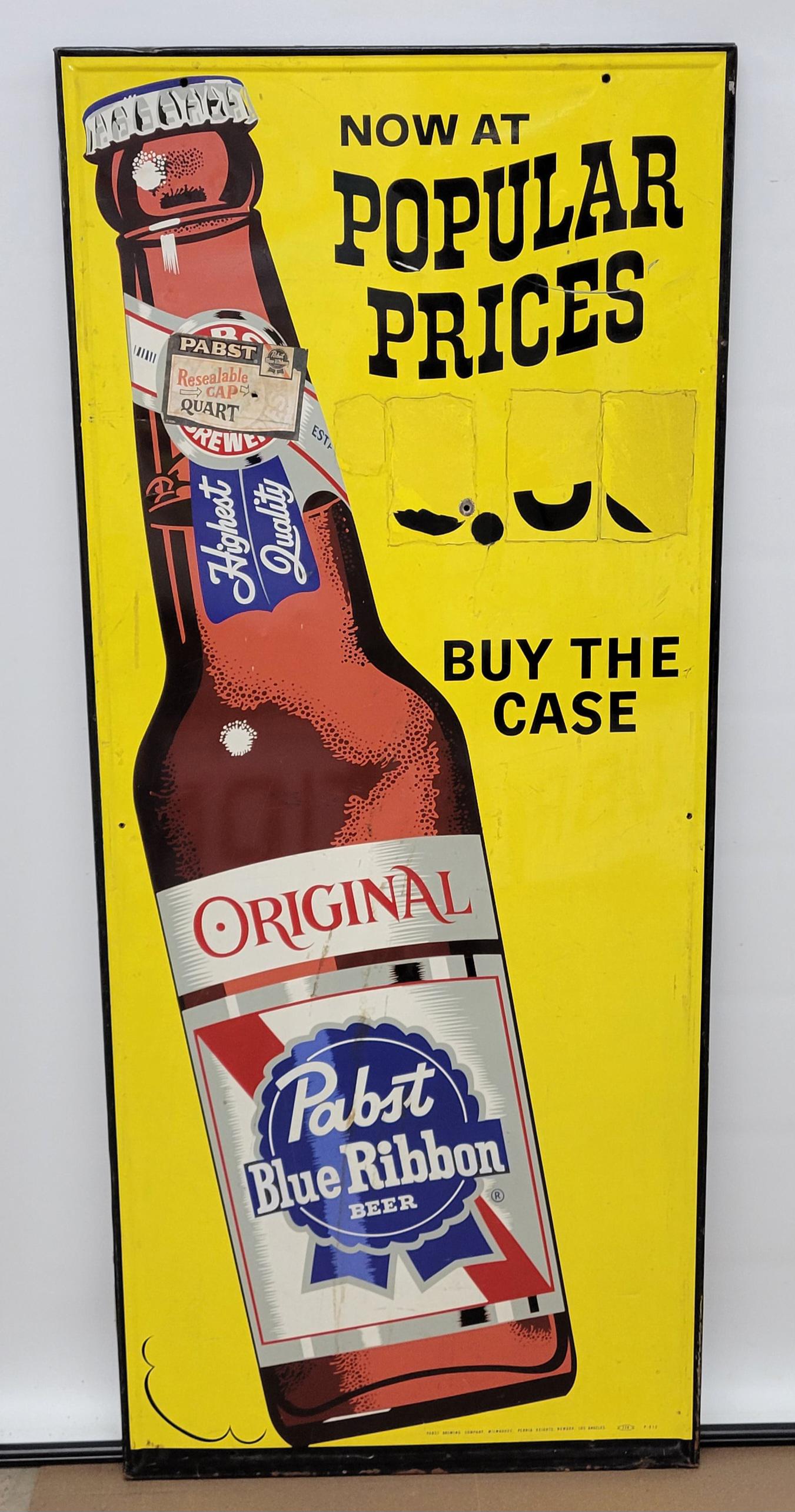 Original Pabst Blue Ribbon Beer Embossed Tin Sign w/ Bottle (1 of 5)