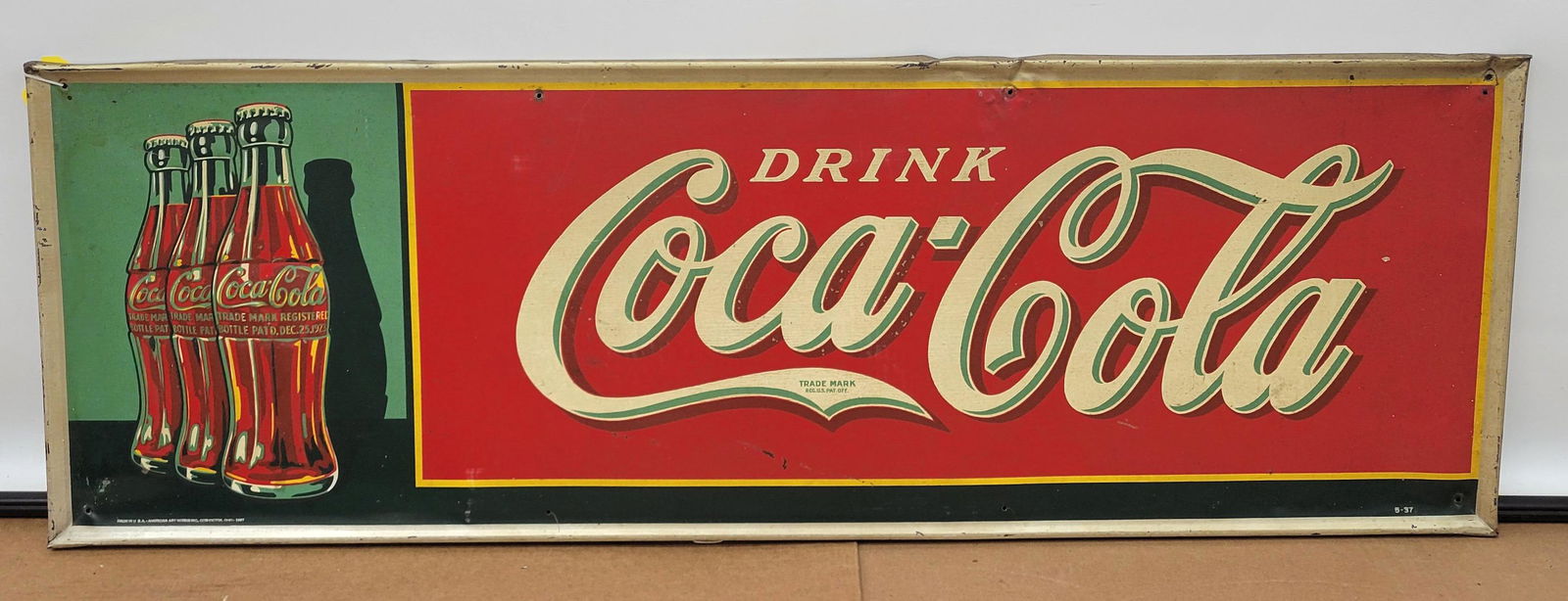 1937 Drink Coca Cola Self Framed Embossed Tin Sign With 3 Bottles (1 of 7)