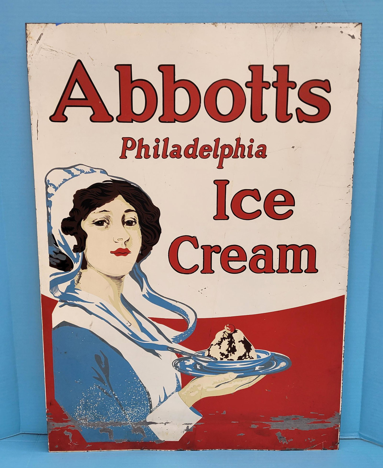 Abbotts Philadelphia Ice Cream Single Sided Metal Sign: 20" x 28" SSM sign with good color having normal wear with scuffs, scratches, and paint flaking on the bottom edge where the sign has been bent and flattened. PLEASE NOTE, THERE IS ONLY ONE WAY TO PAY