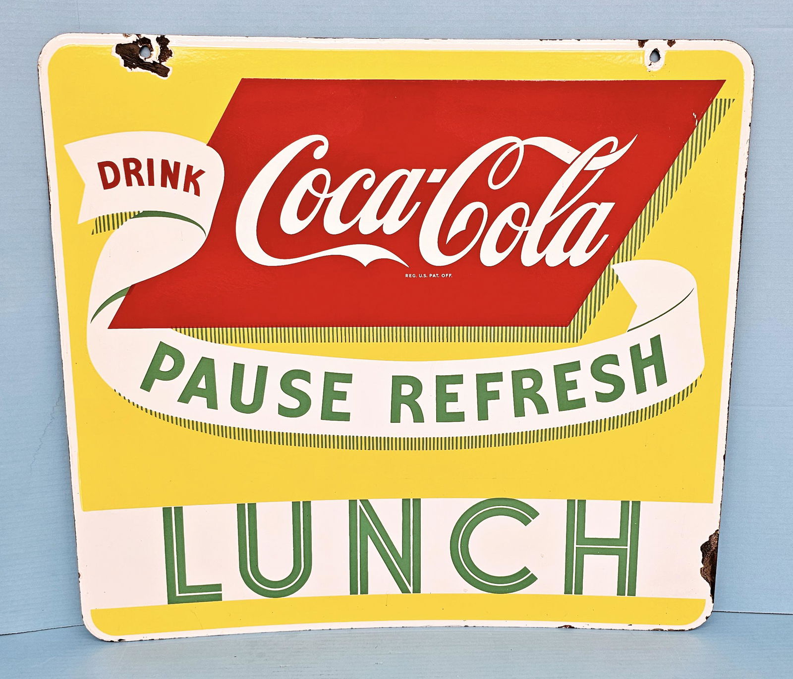 Drink Coca Cola Pause Refresh Lunch Double Sided Porcelain Sign With Hanger (1 of 2)