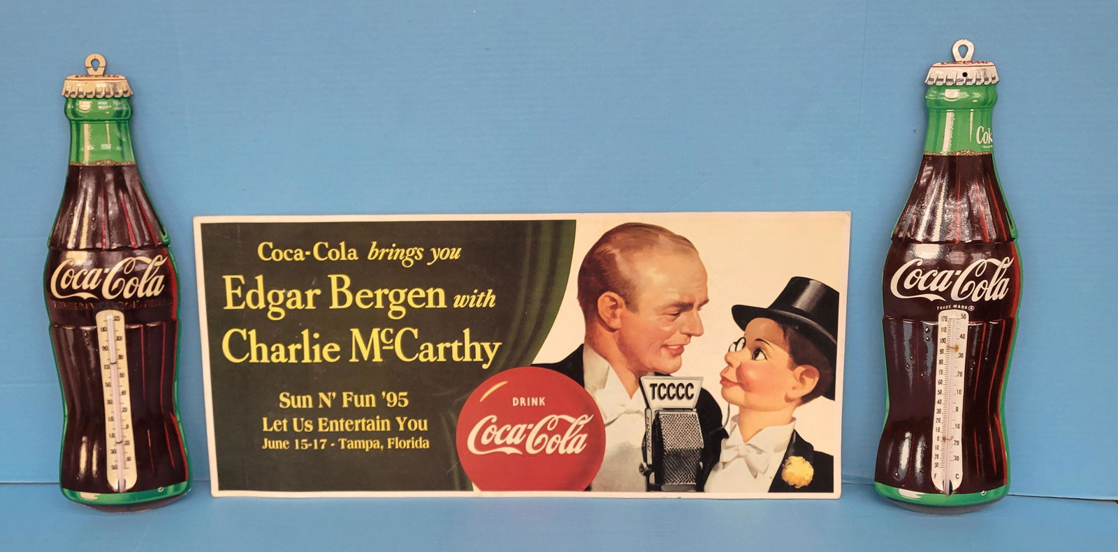 2 NOS Coca Cola Bottle Thermometers & Edgar Gergen w Charlie McCarthy Cardboard sign (1 of 3)