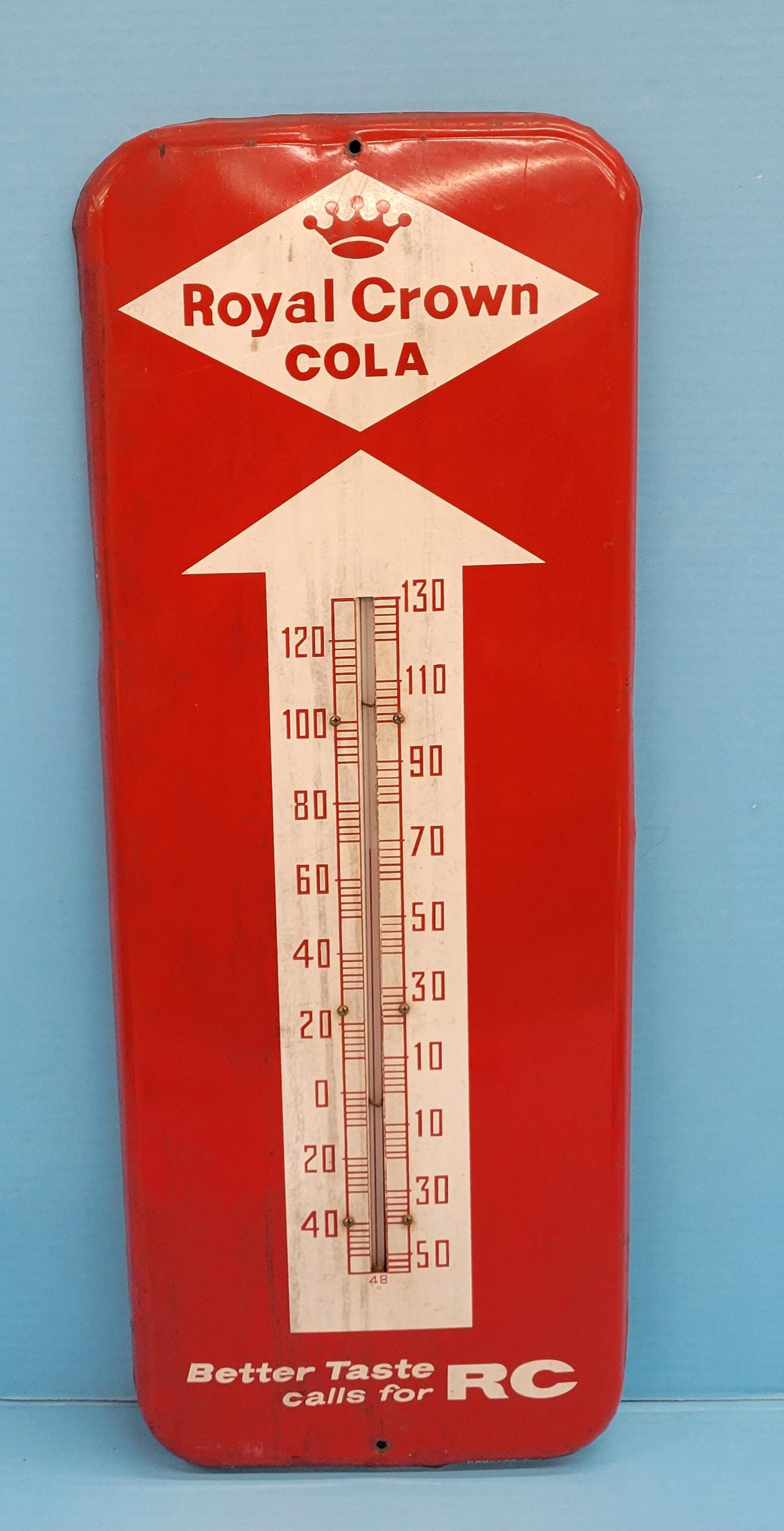 Royal Crown Cola Metal Thermometer: 9.75" x 25.5" working Royal Crown Cola Better Taste Calls For RC metal thermometer with red crown and white arrow graphics. Has normal wear with scuffs, scratches, stains, and some minor bends around