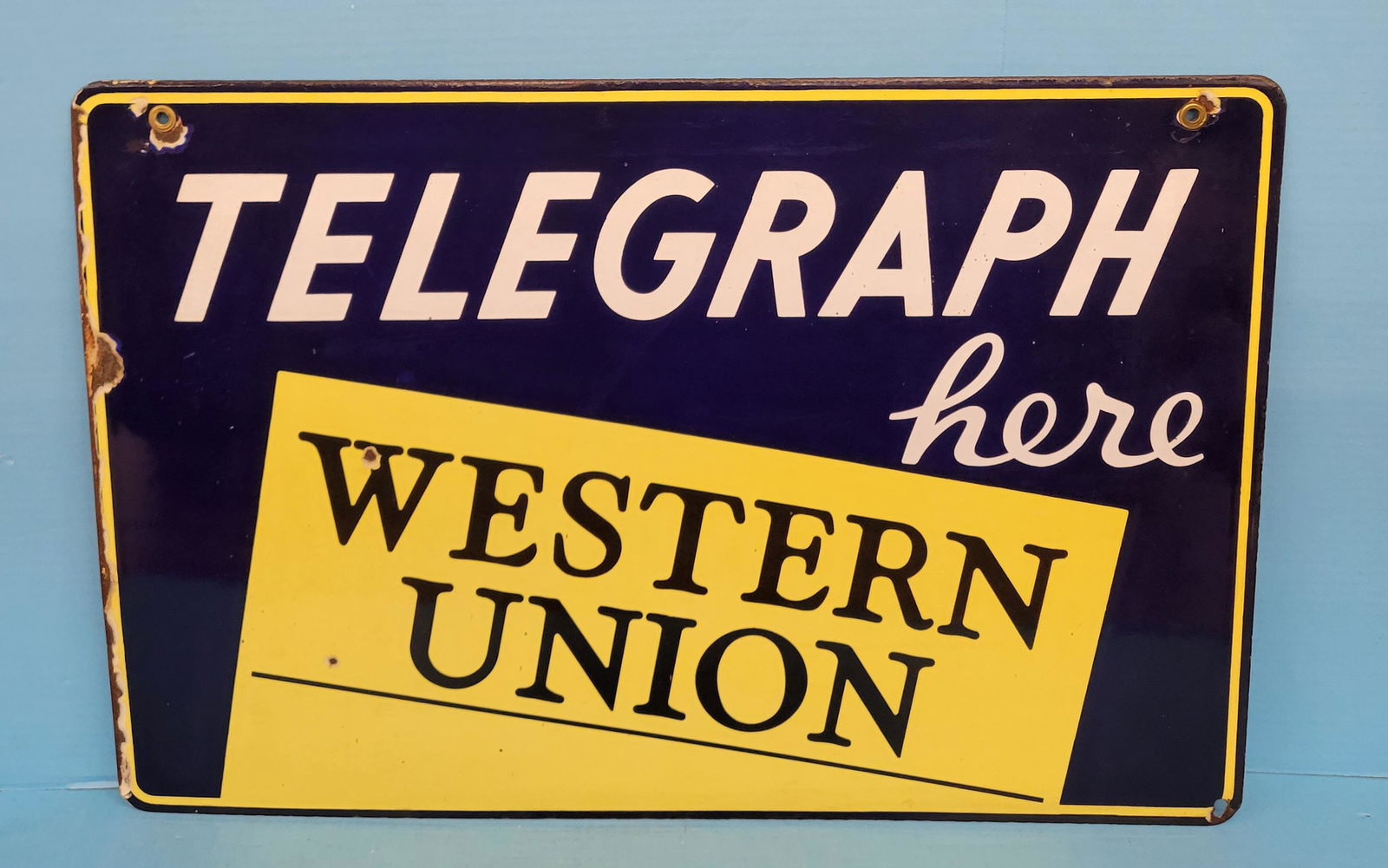 Western Union Telegraph Here Double Sided Porcelain Sign (1 of 2)