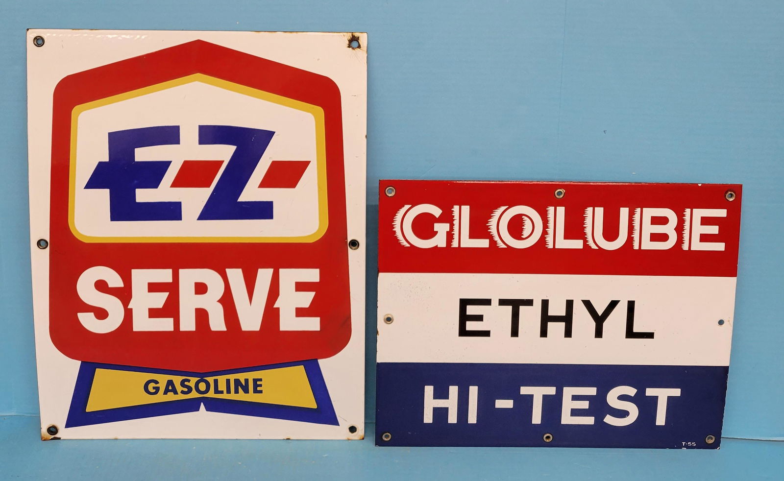 Glolube Ethyl Hi-Test & E-Z Serve Gasoline Porcelain Service Station Signs (1 of 4)