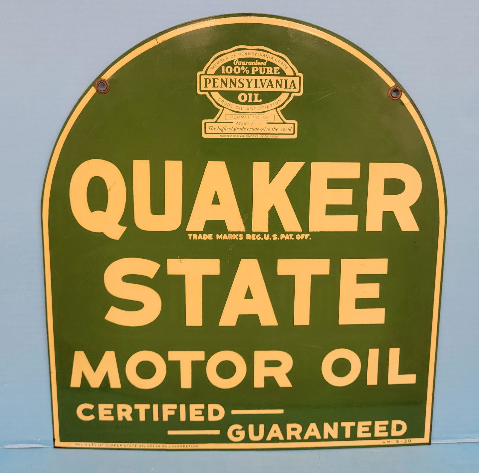 1939 Quaker State Motor Oil Tombstone Tin Sign (small) Auction