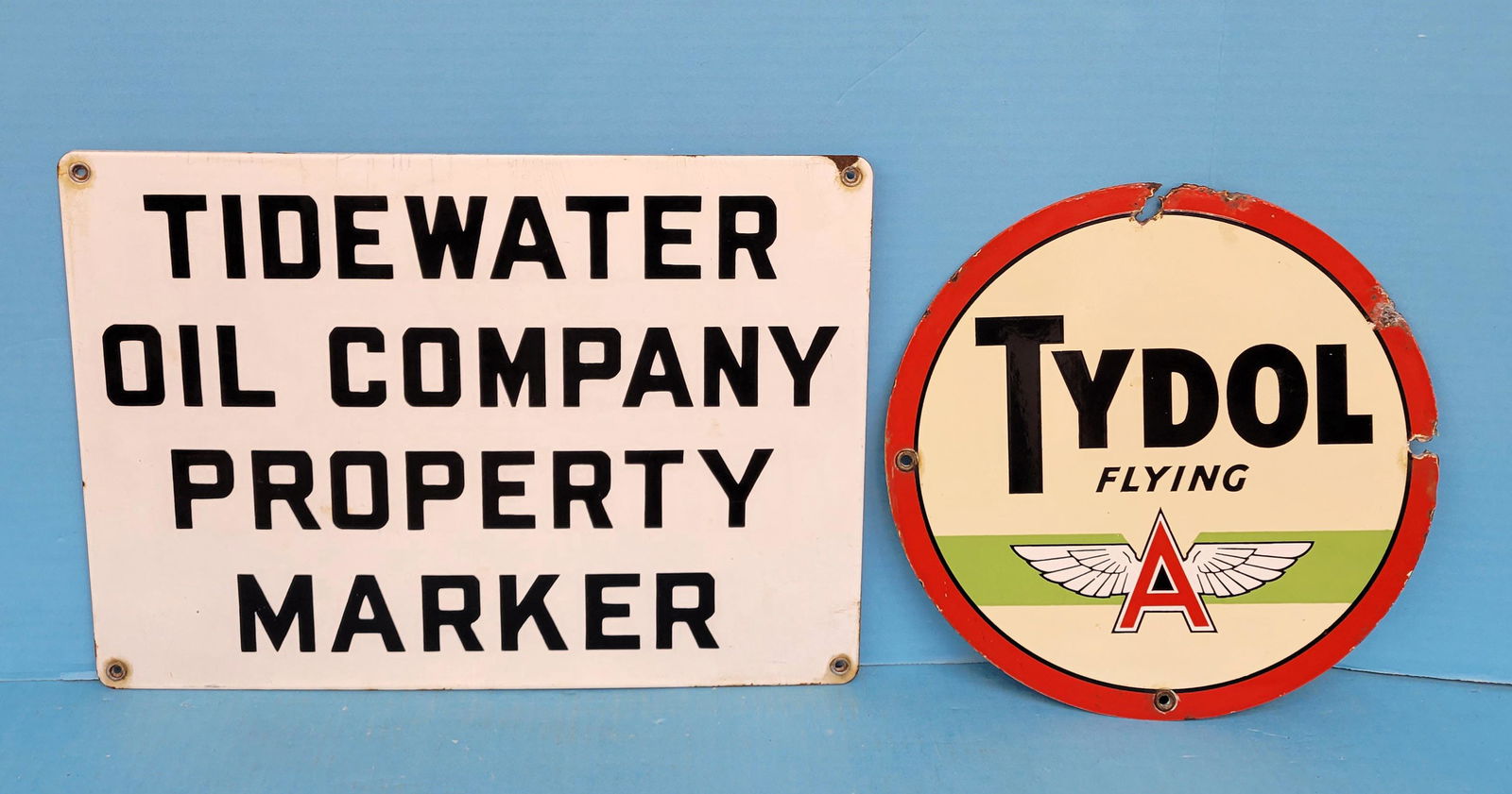 Tydol Flying A Pump Plate & Tidewater Oil Company Property Marker Porcelain Sign (1 of 3)